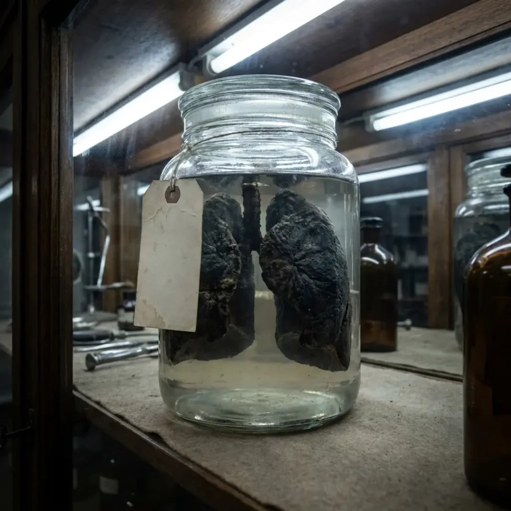 Blackened lungs in a specimen jar