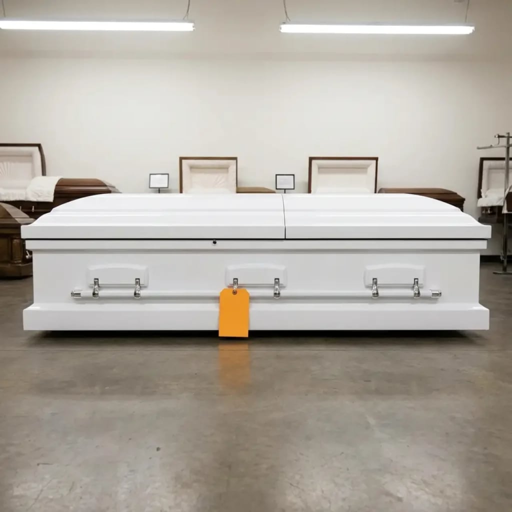 A white casket with an orange price tag in a showroom