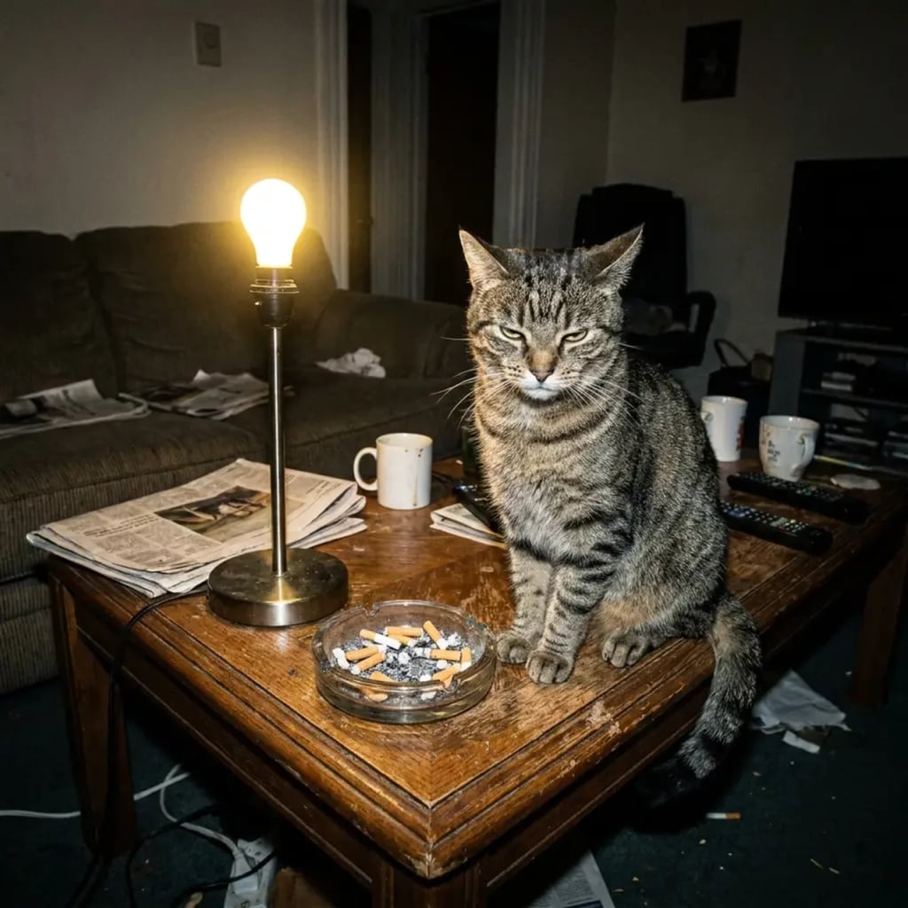A cat glaring beside an overflowing ashtray