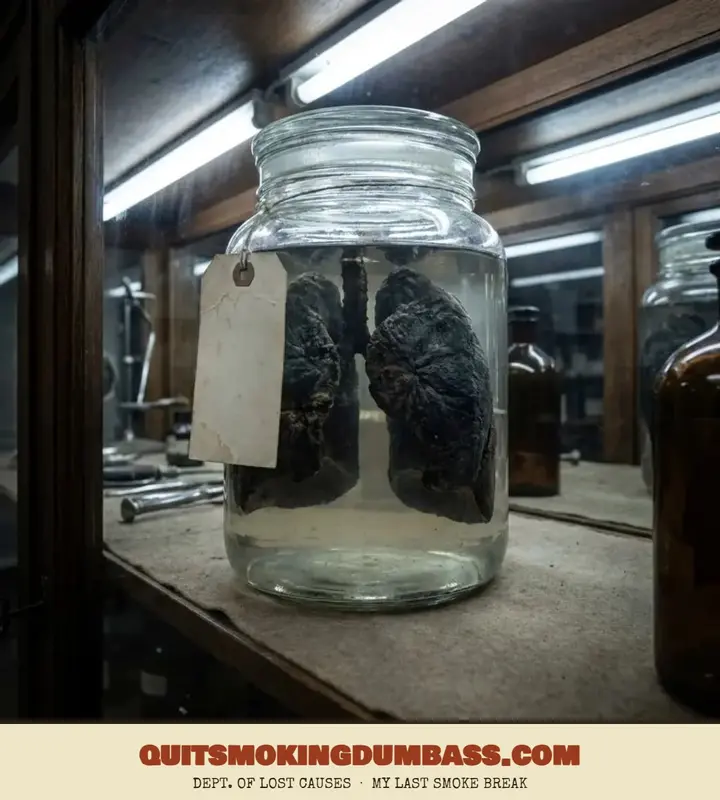 Blackened lungs in a specimen jar
