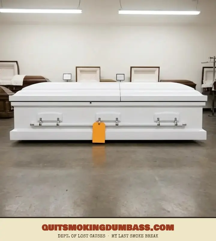 A white casket with an orange price tag in a showroom