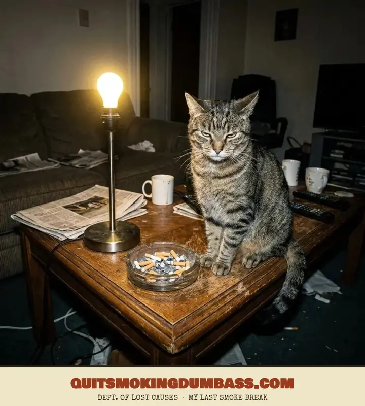 A cat glaring beside an overflowing ashtray