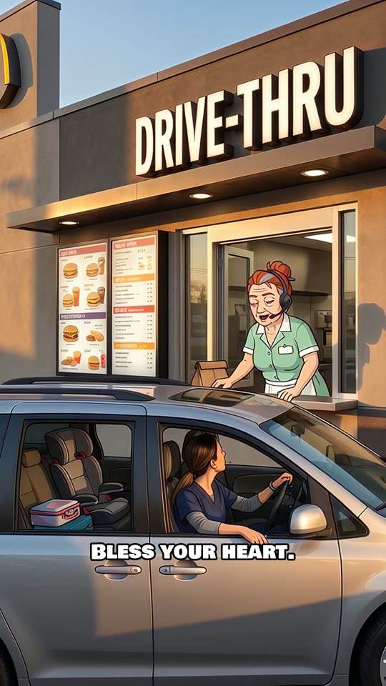 Darlene at a drive-thru window talking to a woman in a minivan