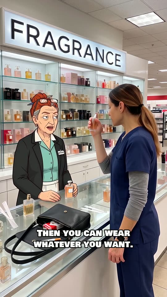 Darlene behind a fragrance counter with a woman in scrubs