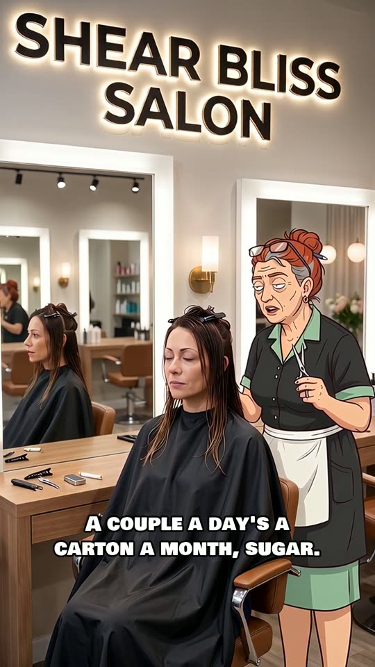 Darlene the stylist behind a woman under a black cape at Shear Bliss Salon